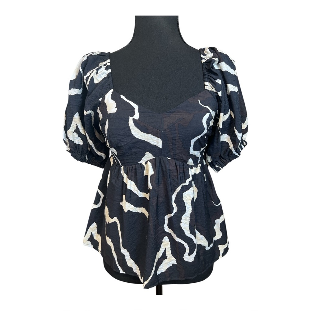 Nine West Women's Babydoll Black and White Short Balloon Sleeves Top, Size XS - Picture 2 of 11